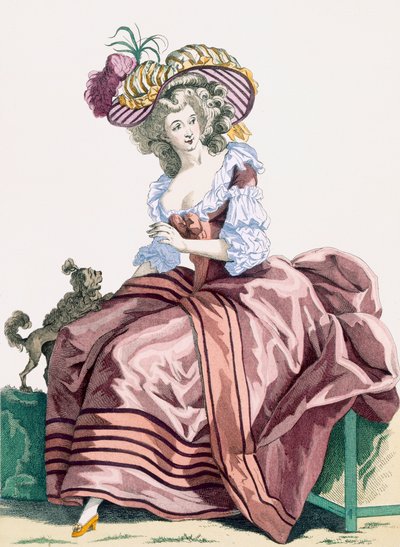 Elegantes karamellfarbenes Satin-Kleid einer Dame, graviert von Le Beau, Tafel Nr.172 aus 